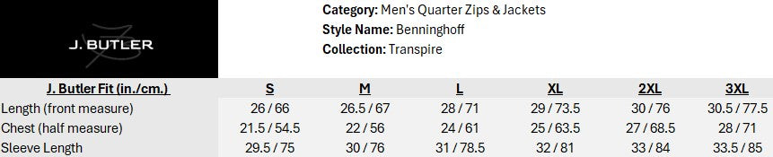 Size chart for Benninghoff Full-Zip Jacket