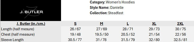 Size chart for Danielle Hoodie