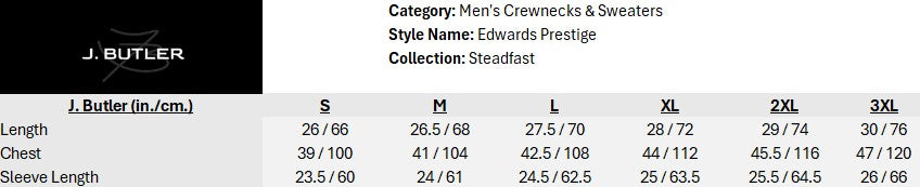 Size chart for Edwards Prestige Crewneck