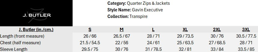 Size chart for Gavin Executive Quarter-Zip