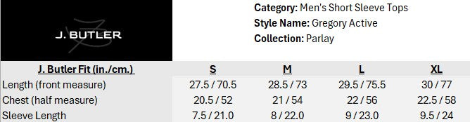 Size chart for Gregory Active Tee