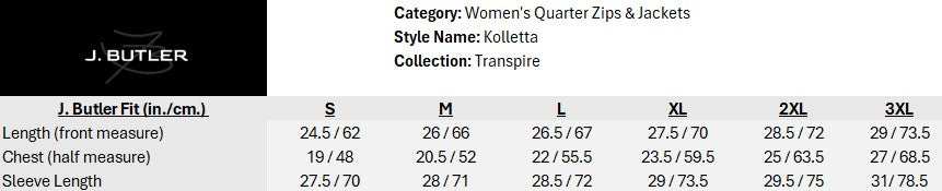 Size chart for Kolletta Full-Zip Jacket