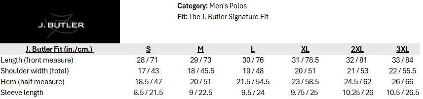 Size chart for Founder's Polo Shirt