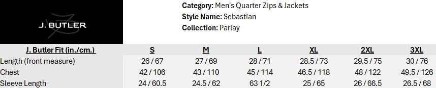 Size chart for Sebastian Full-Zip Jacket