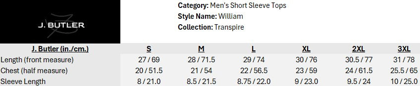 Size chart for William Prestige Tee